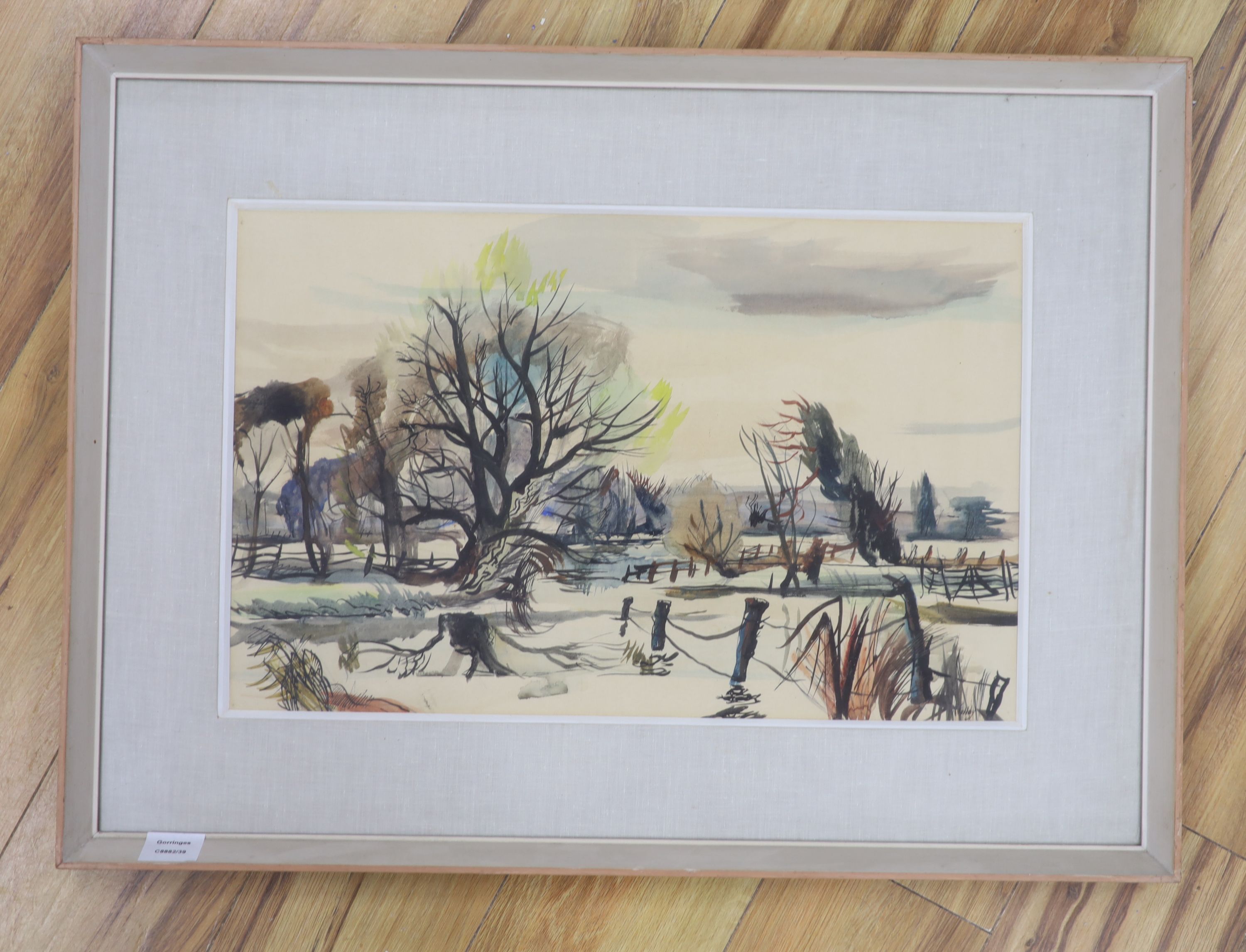 Rowland Sudduby, watercolour, The Stour near Bures, Suffolk, signed, 1949 Exhibition label for Artist's of Fame and Promise Part 2, 36 x 56cm